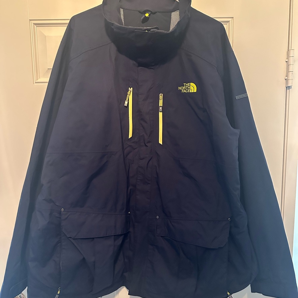 The North Face Men's Dark Blue Ski  Jacket with Bright Yellow Details